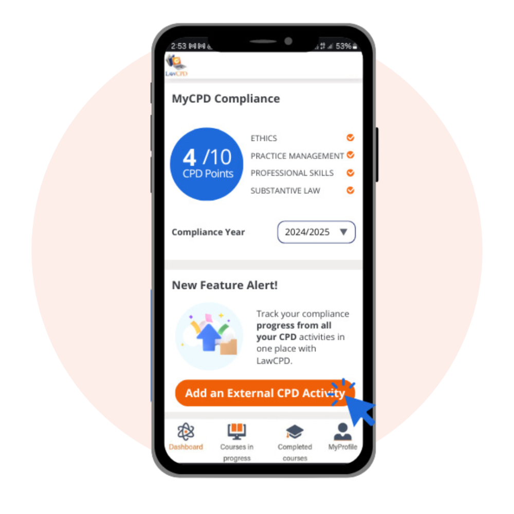 Stylised screenshot of the CPD tracker feature within the LawCPD platform